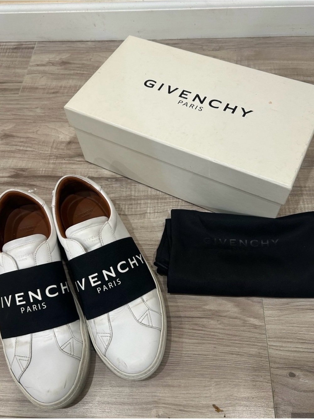 Final Sale Givenchy White Leather Slip-Ons with Black Logo Band